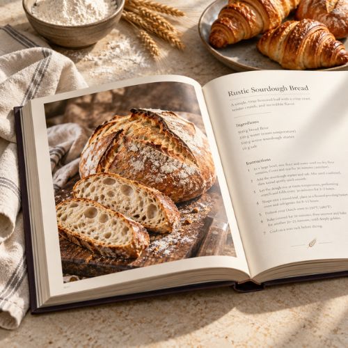 An open bread recipe cookbook with sourdough and croissants
